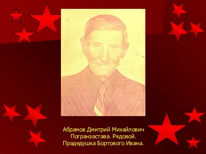 Абрамов Дмитрий Михайлович Погранзастава. Рядовой. Прадедушка Бортового Ивана.