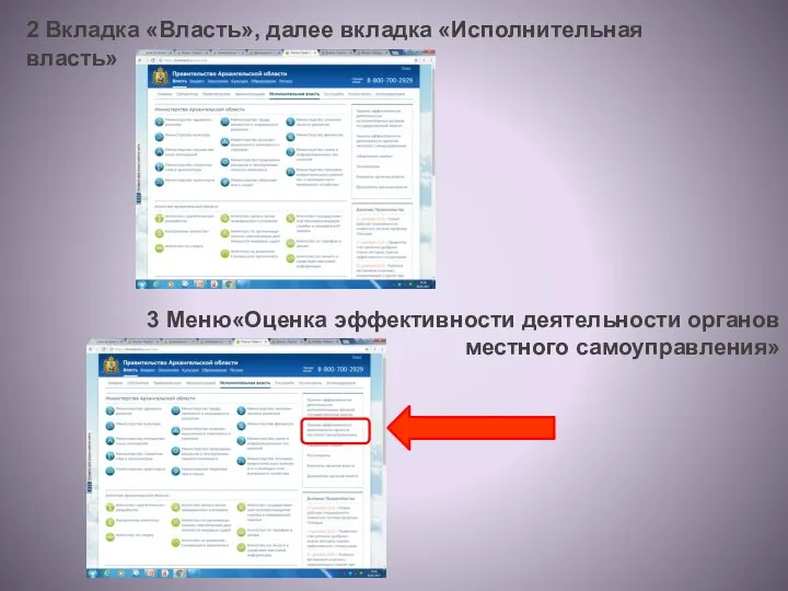 2 Вкладка «Власть», далее вкладка «Исполнительная власть» 3 Меню«Оценка эффективности деятельности органов местного самоуправления»