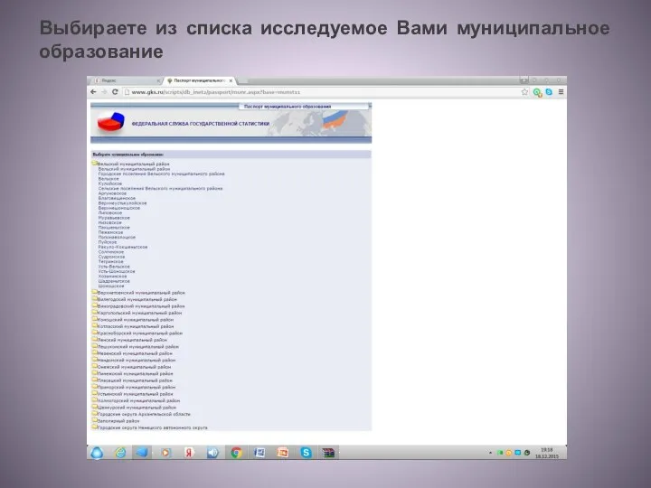 Выбираете из списка исследуемое Вами муниципальное образование
