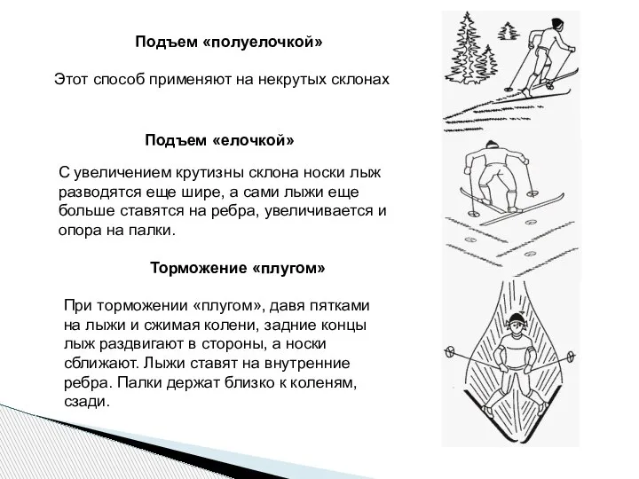 Подъем «полуелочкой» Этот способ применяют на некрутых склонах Подъем «елочкой» С увеличением