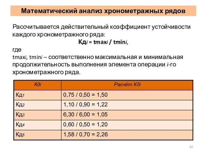 Рассчитывается действительный коэффициент устойчивости каждого хронометражного ряда: Кдi = tmaxi / tmini,