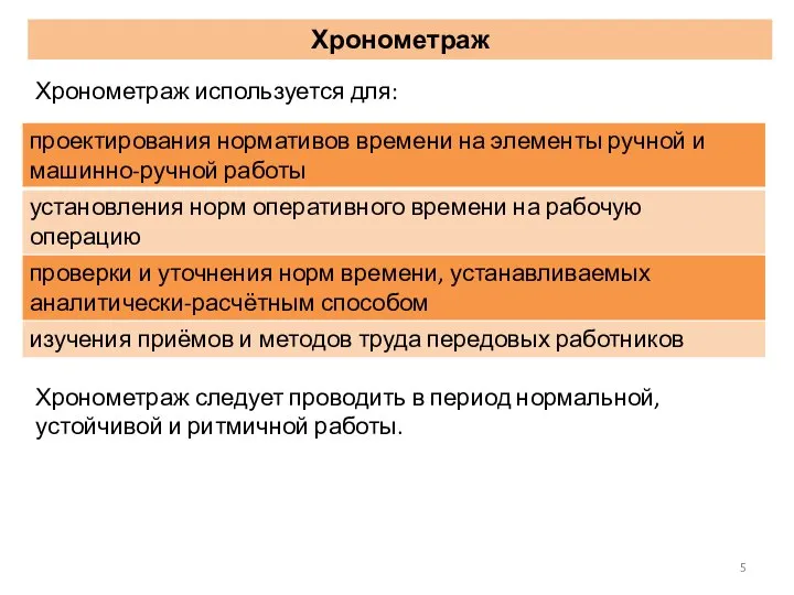 Хронометраж Хронометраж используется для: Хронометраж следует проводить в период нормальной, устойчивой и ритмичной работы.