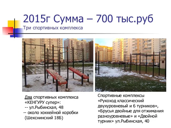2015г Сумма – 700 тыс.руб Три спортивных комплекса Два спортивных комплекса «КЕНГУРУ