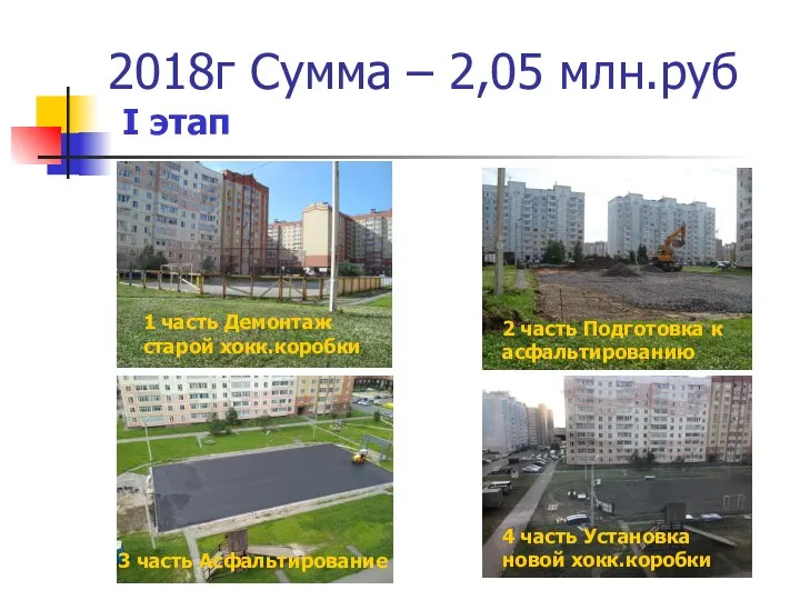 2018г Сумма – 2,05 млн.руб I этап 1 часть Демонтаж старой хокк.коробки