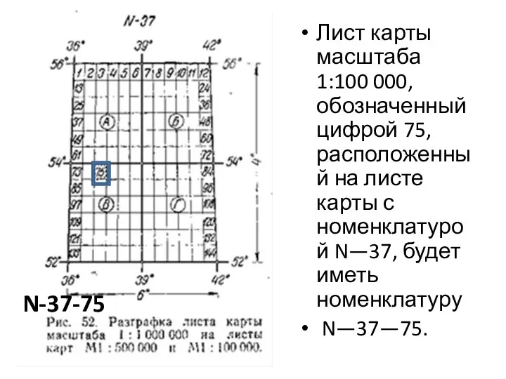 Лист карты масштаба 1:100 000, обозначенный цифрой 75, расположенный на листе карты