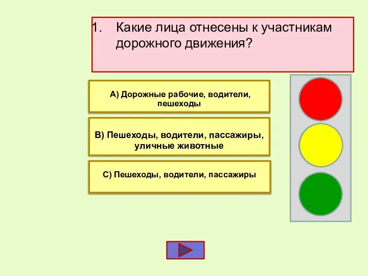 Какие лица отнесены к участникам дорожного движения? В) Пешеходы, водители, пассажиры, уличные