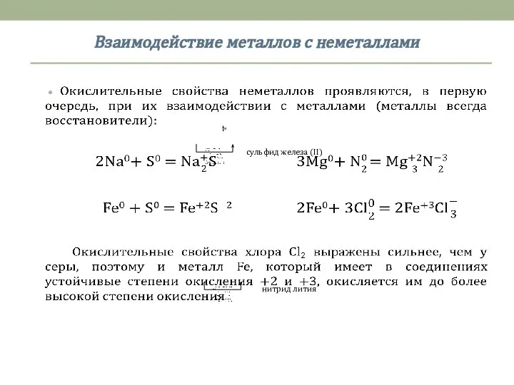 Взаимодействие металлов с неметаллами нитрид лития сульфид железа (II) t◦