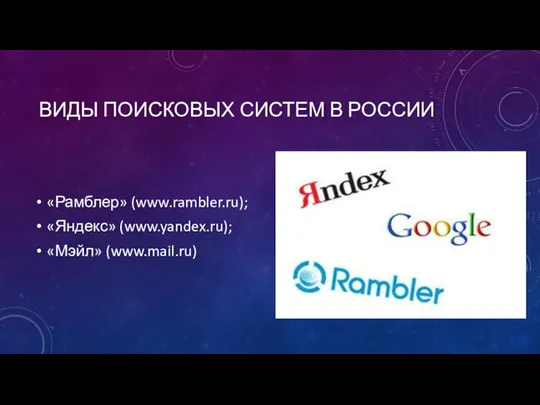 ВИДЫ ПОИСКОВЫХ СИСТЕМ В РОССИИ «Рамблер» (www.rambler.ru); «Яндекс» (www.yandex.ru); «Мэйл» (www.mail.ru)