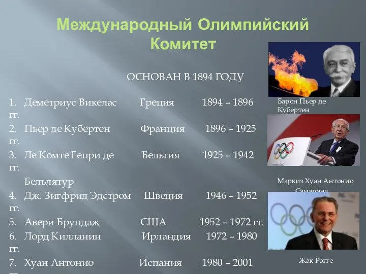 Международный Олимпийский Комитет ОСНОВАН В 1894 ГОДУ 1. Деметриус Викелас Греция 1894