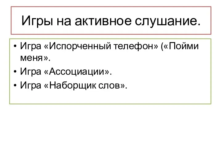 Игры на активное слушание. Игра «Испорченный телефон» («Пойми меня». Игра «Ассоциации». Игра «Наборщик слов».