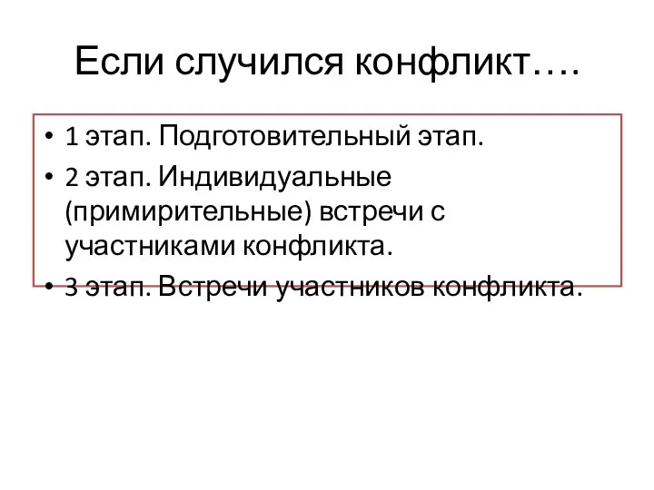 Если случился конфликт…. 1 этап. Подготовительный этап. 2 этап. Индивидуальные (примирительные) встречи