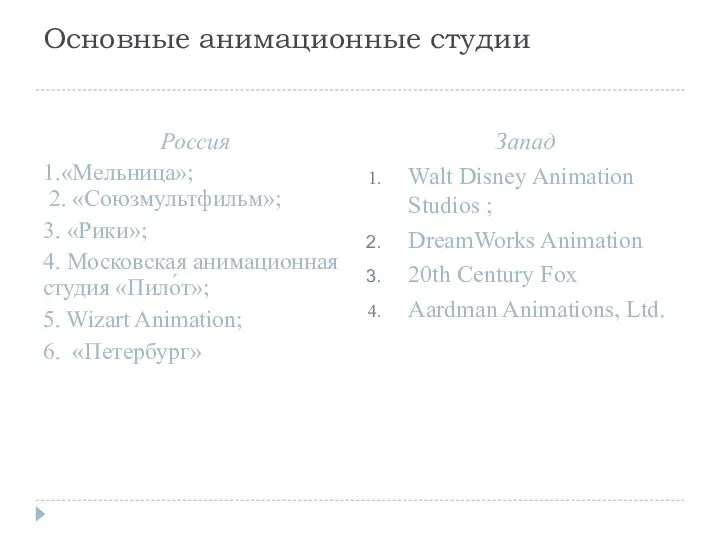 Основные анимационные студии Россия 1.«Мельница»; 2. «Союзмультфильм»; 3. «Рики»; 4. Московская анимационная