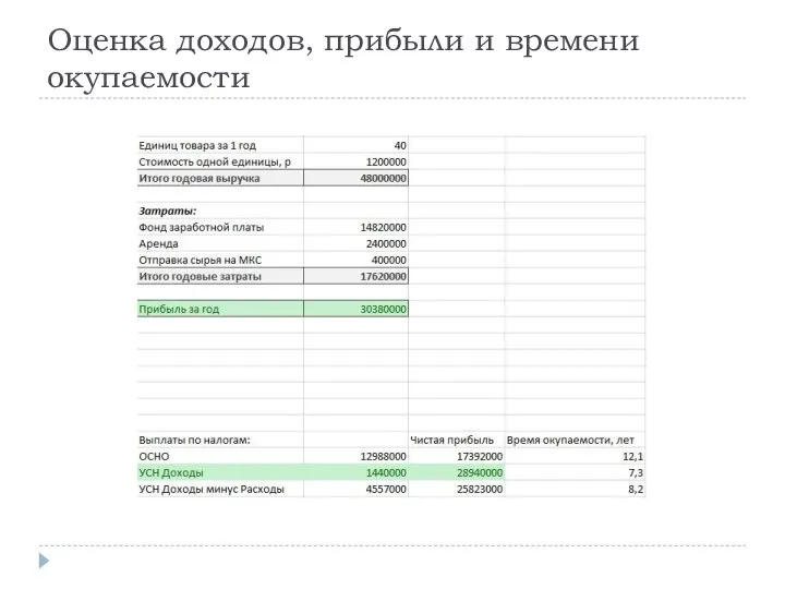 Оценка доходов, прибыли и времени окупаемости