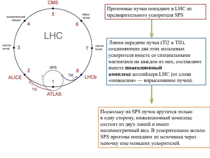 Протонные пучки попадают в LHC из предварительного ускорителя SPS Линии передачи пучка