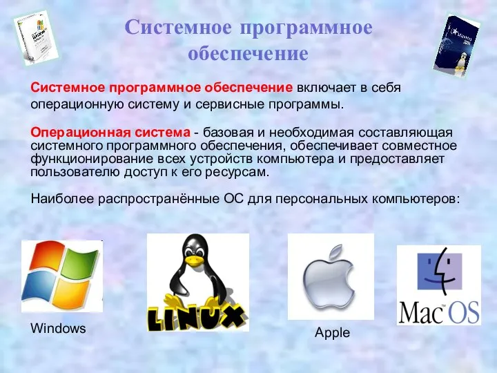 Системное программное обеспечение включает в себя операционную систему и сервисные программы. Операционная