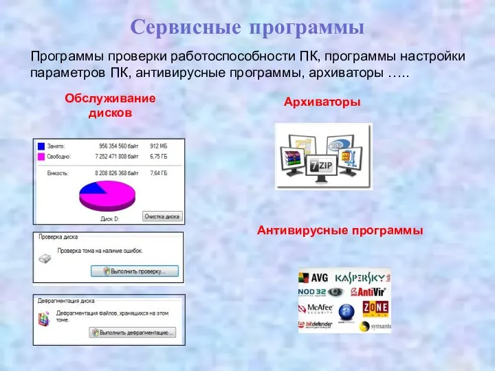 Сервисные программы Программы проверки работоспособности ПК, программы настройки параметров ПК, антивирусные программы,