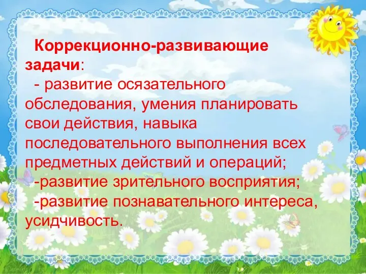 Коррекционно-развивающие задачи: - развитие осязательного обследования, умения планировать свои действия, навыка последовательного