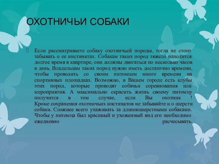 ОХОТНИЧЬИ СОБАКИ Если рассматриваете собаку охотничьей породы, тогда не стоит забывать о