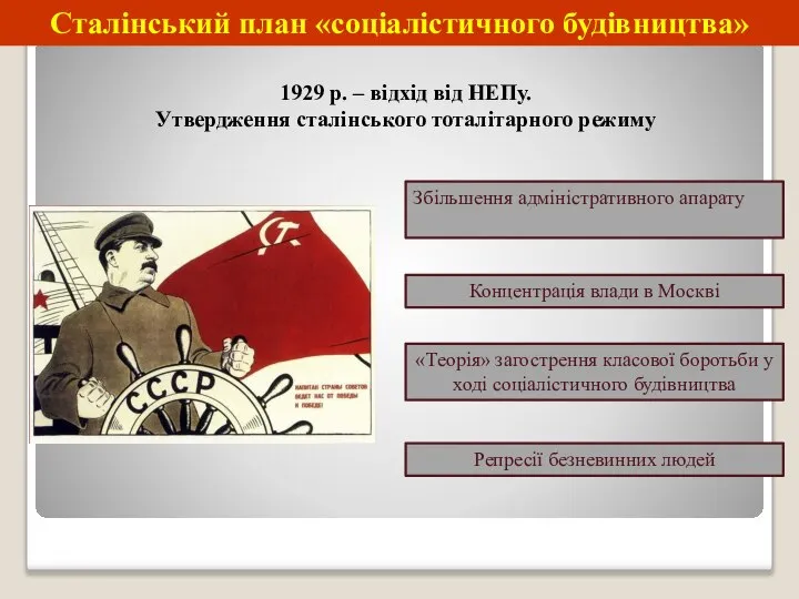 Сталінський план «соціалістичного будівництва» Збільшення адміністративного апарату Концентрація влади в Москві 1929