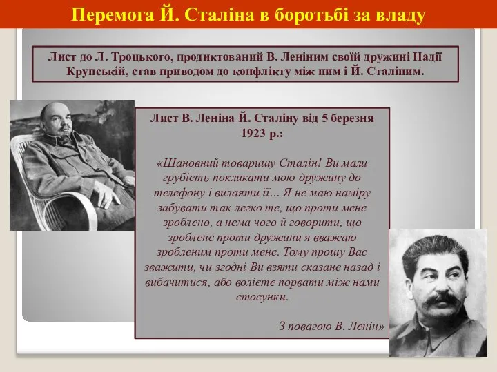 Перемога Й. Сталіна в боротьбі за владу Лист до Л. Троцького, продиктований