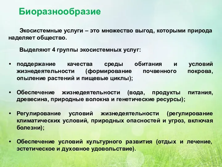 Биоразнообразие Экосистемные услуги – это множество выгод, которыми природа наделяет общество. Выделяют