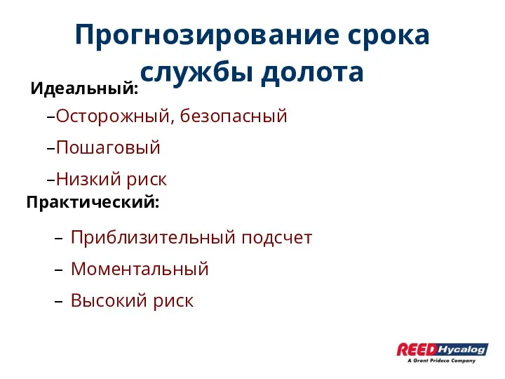 Прогнозирование срока службы долота Практический: Приблизительный подсчет Моментальный Высокий риск Идеальный: Осторожный, безопасный Пошаговый Низкий риск