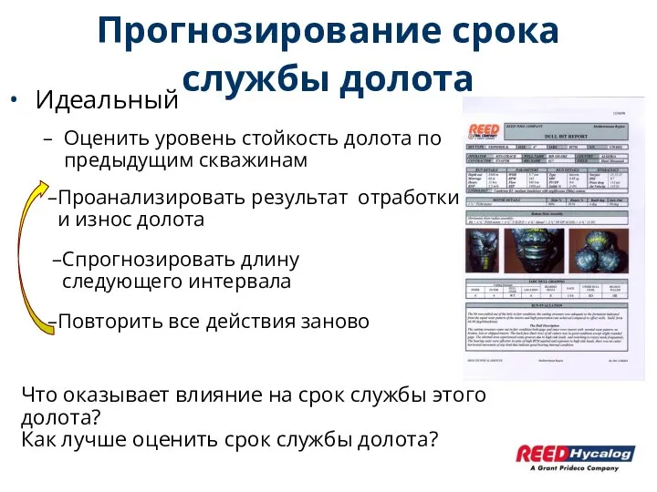 Прогнозирование срока службы долота Идеальный Оценить уровень стойкость долота по предыдущим скважинам