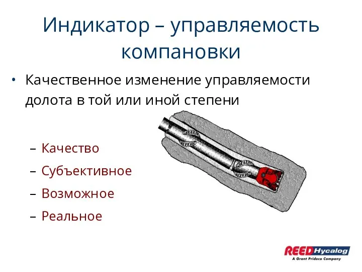 Индикатор – управляемость компановки Качественное изменение управляемости долота в той или иной