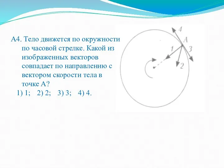 А4. Тело движется по окружности по часовой стрелке. Какой из изображенных векторов