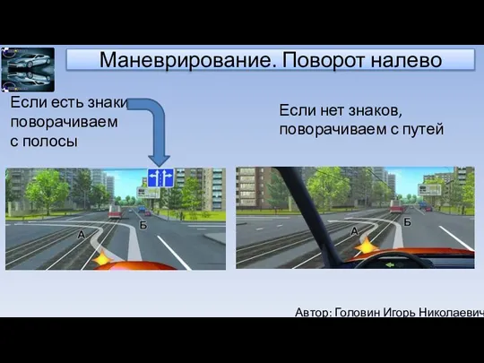 Автор: Головин Игорь Николаевич Маневрирование. Поворот налево Если есть знаки, поворачиваем с