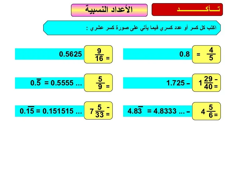 اكتب كل كسر أو عدد كسري فيما يأتي على صورة كسر عشري