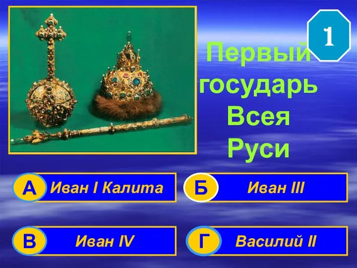 Первый государь Всея Руси Иван I Калита Иван IV Василий II Иван