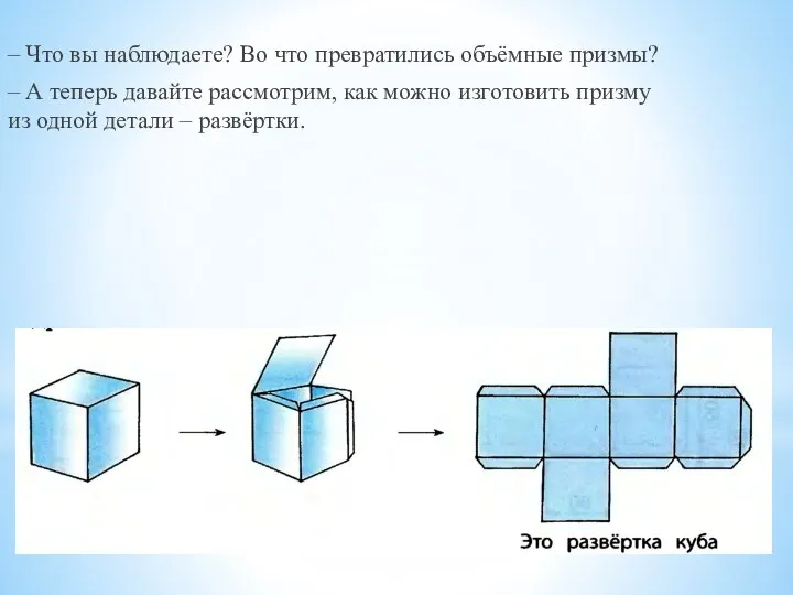 – Что вы наблюдаете? Во что превратились объёмные призмы? – А теперь