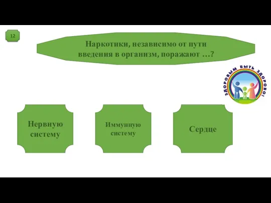 12 Наркотики, независимо от пути введения в организм, поражают …? Нервную систему Иммунную систему Сердце