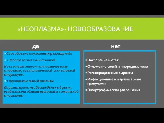 «НЕОПЛАЗМА»- НОВООБРАЗОВАНИЕ да Своеобразие опухолевых разращений: 1.Морфологический атипизм Не соответствует анатомическому строению,