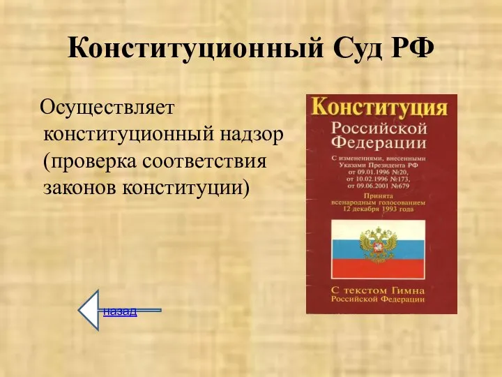 Конституционный Суд РФ Осуществляет конституционный надзор (проверка соответствия законов конституции) назад