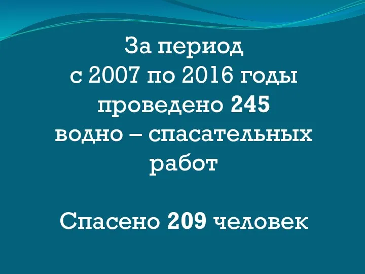 За период с 2007 по 2016 годы проведено 245 водно – спасательных работ Спасено 209 человек