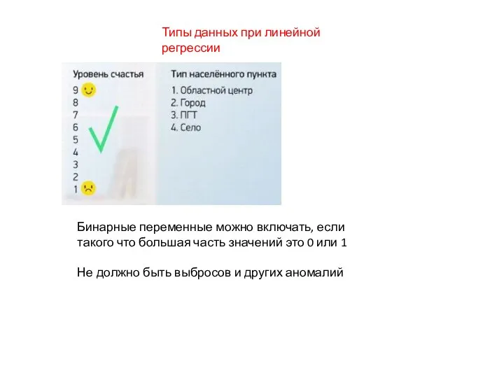 Типы данных при линейной регрессии Бинарные переменные можно включать, если такого что