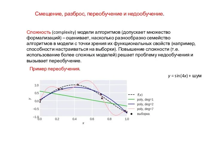 Смещение, разброс, переобучение и недообучение. Сложность (complexity) модели алгоритмов (допускает множество формализаций)