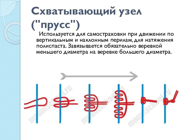 Схватывающий узел ("прусс") Используется для самостраховки при движении по вертикальным и наклонным