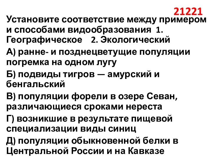 21221 Установите соответствие между примером и способами видообразования 1. Географическое 2. Экологический