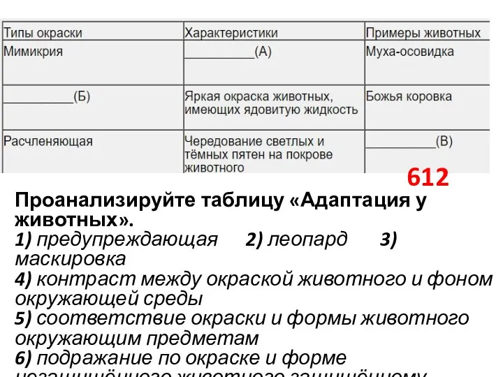 Проанализируйте таблицу «Адаптация у животных». 1) предупреждающая 2) леопард 3) маскировка 4)