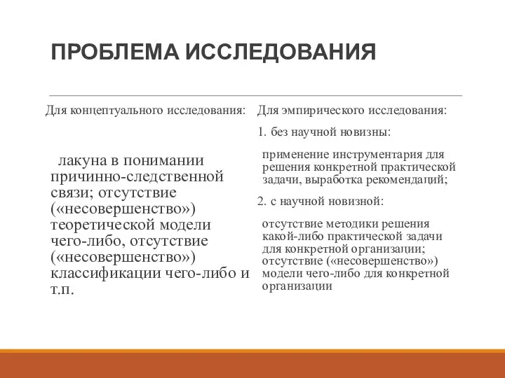 ПРОБЛЕМА ИССЛЕДОВАНИЯ Для концептуального исследования: лакуна в понимании причинно-следственной связи; отсутствие («несовершенство»)