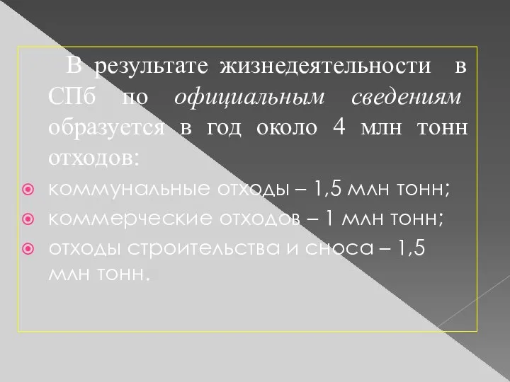 В результате жизнедеятельности в СПб по официальным сведениям образуется в год около