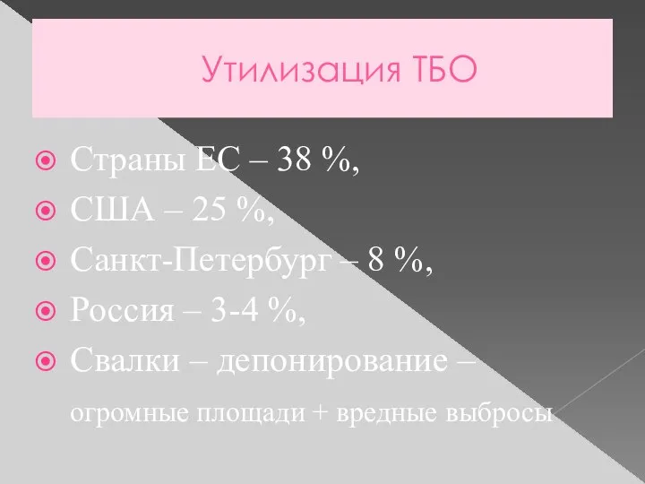 Утилизация ТБО Страны ЕС – 38 %, США – 25 %, Санкт-Петербург