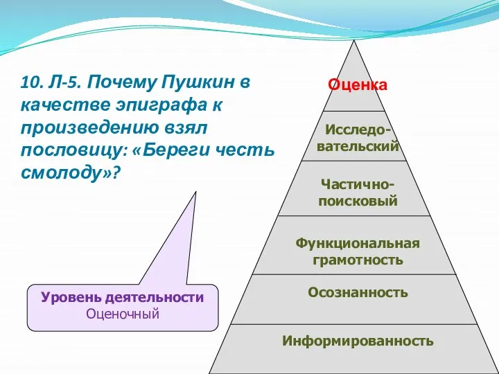 10. Л-5. Почему Пушкин в качестве эпиграфа к произведению взял пословицу: «Береги