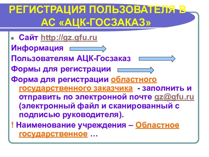 РЕГИСТРАЦИЯ ПОЛЬЗОВАТЕЛЯ В АС «АЦК-ГОСЗАКАЗ» Сайт http://gz.gfu.ru Информация Пользователям АЦК-Госзаказ Формы для