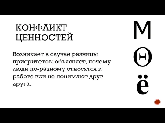 КОНФЛИКТ ЦЕННОСТЕЙ Возникает в случае разницы приоритетов; объясняет, почему люди по-разному относятся