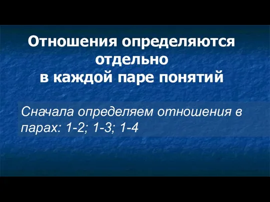 Отношения определяются отдельно в каждой паре понятий Сначала определяем отношения в парах: 1-2; 1-3; 1-4