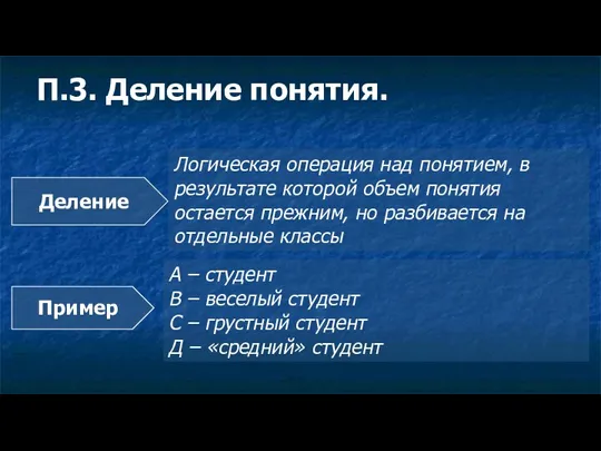 П.3. Деление понятия. Логическая операция над понятием, в результате которой объем понятия